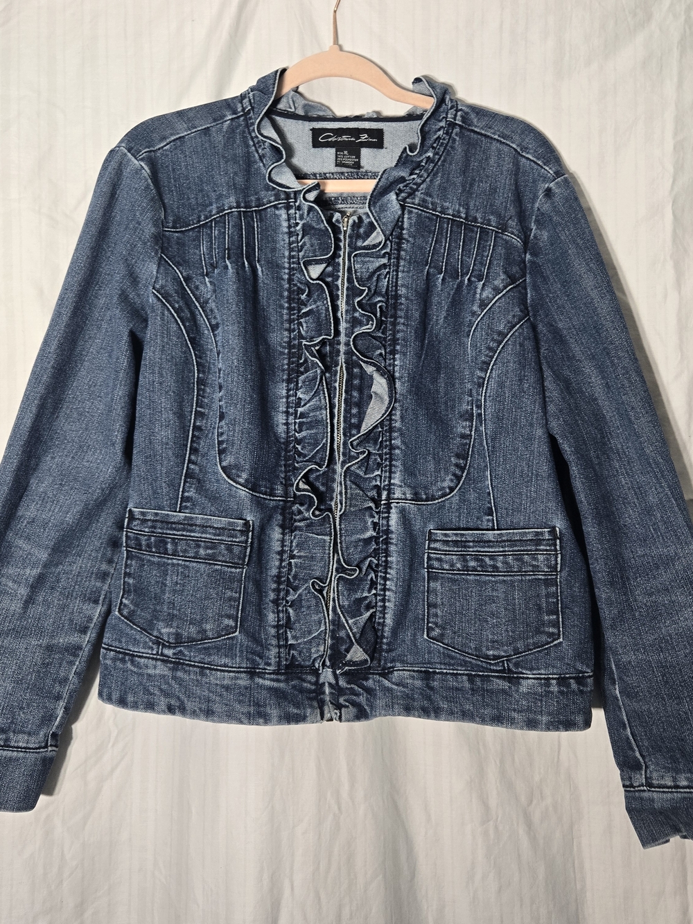 Christiana Zinn Ruffled Zip Blue Jean Jacket dark-to-medium wash Size XL